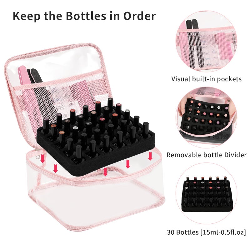 Beloving Clear Nail Polish Organizer Holds 30 Bottles PVC Nail Polish Case See-Through Nail Supplies with Manicure Tools Storage Sections  Portable Travel Nail Tech Carrying Bag for Storage Display - Image 4